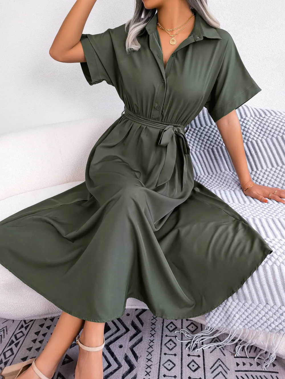 Summer Turn-down Collar Solod Color Women Shirt Dress Fashion Loose Casual Elegant Lace-up Long Dresses