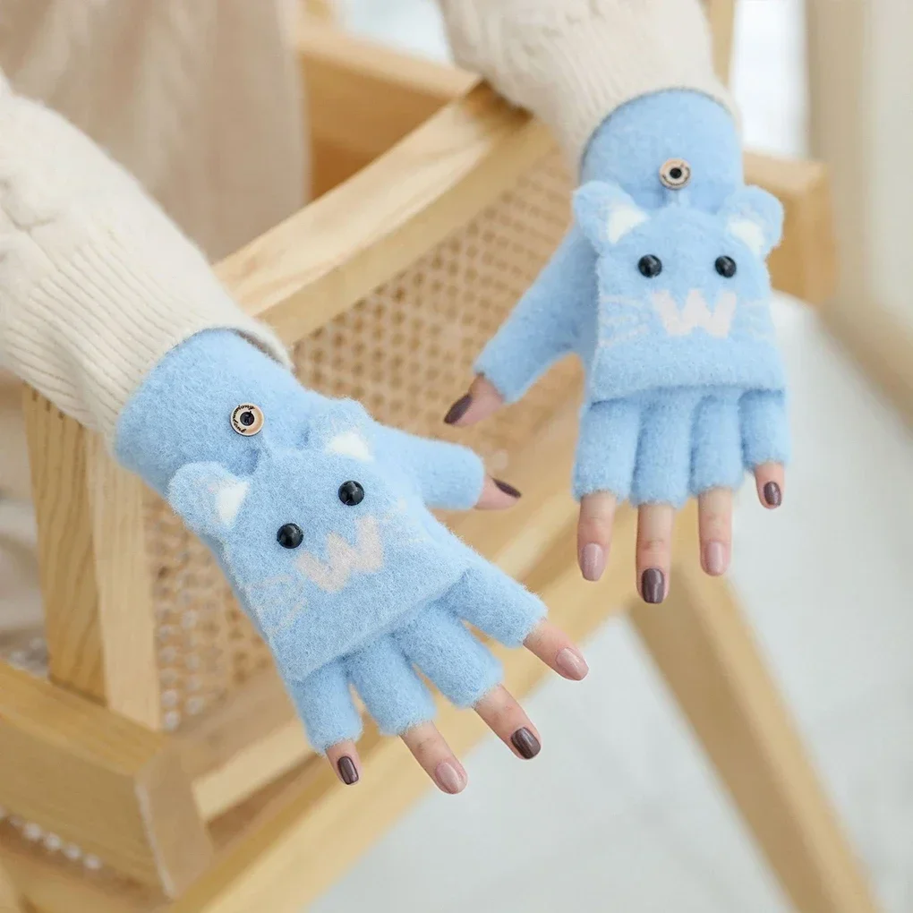 Cute Kids Gloves Winter Warm Faux Fur Knit Boy Girl Children Glove Cartoon Half finger Flip Cover Outdoor Mittens 5-12years