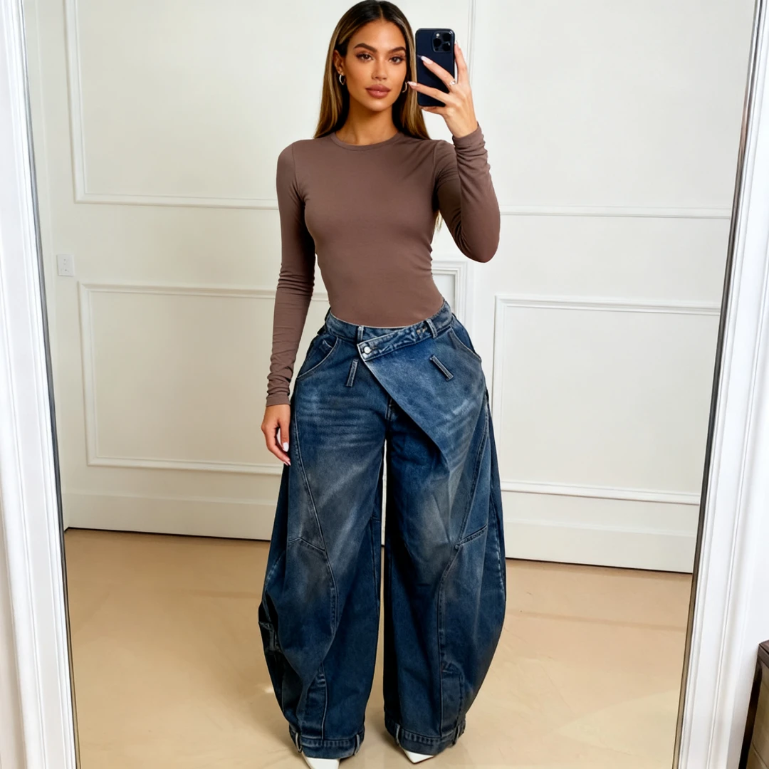 Spodnie Mom Jeans z szerokimi nogawkami damskie, styl vintage, denim punk, luźne spodnie, elastyczne, średni stan, sprane, postarzane, streetwear 2025