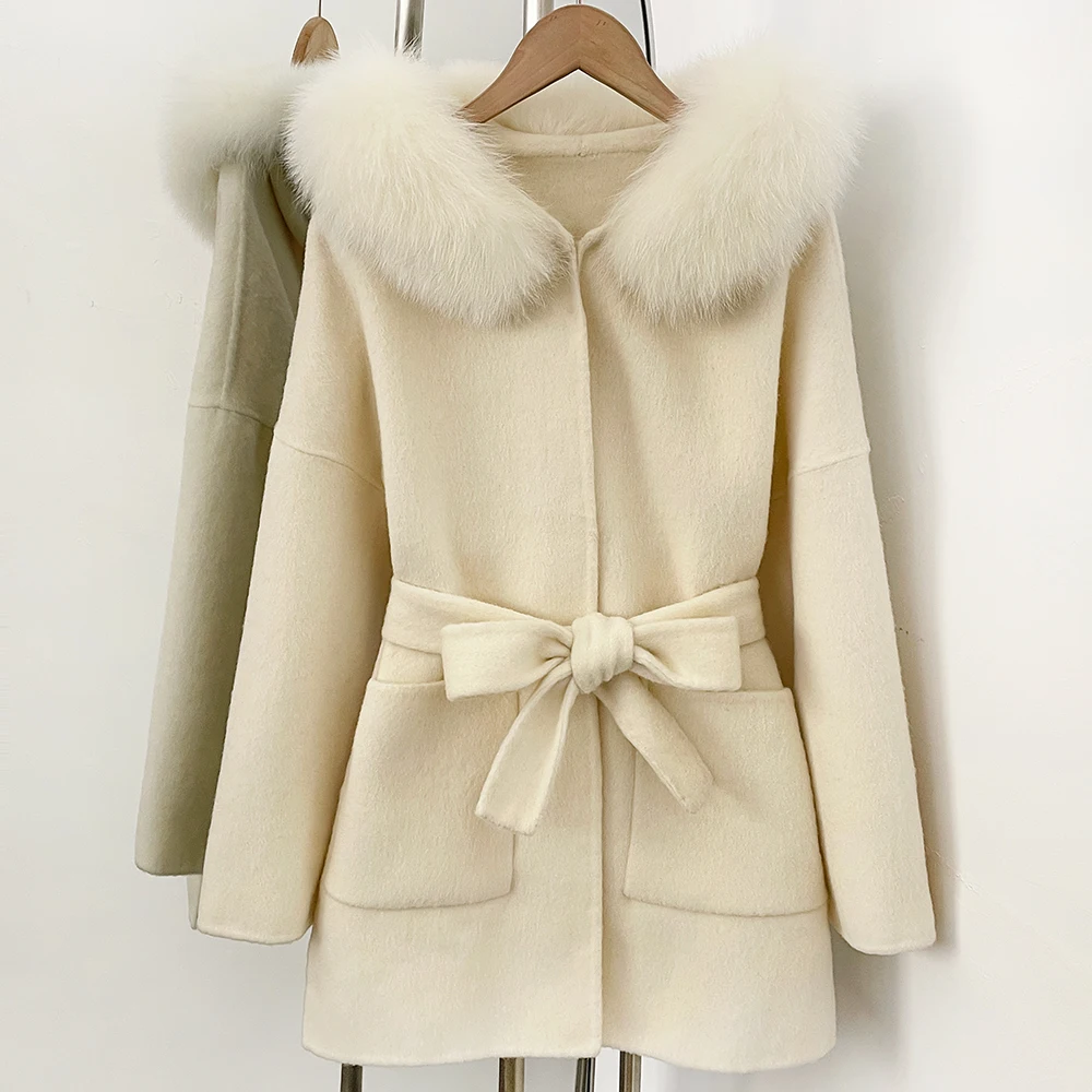 

Elegant Woolen Coats Winter Woolen Jacket Fashion Women's Loose White Hooded Women's Woolen Coat Real Fur Overcoat Belt Autumn