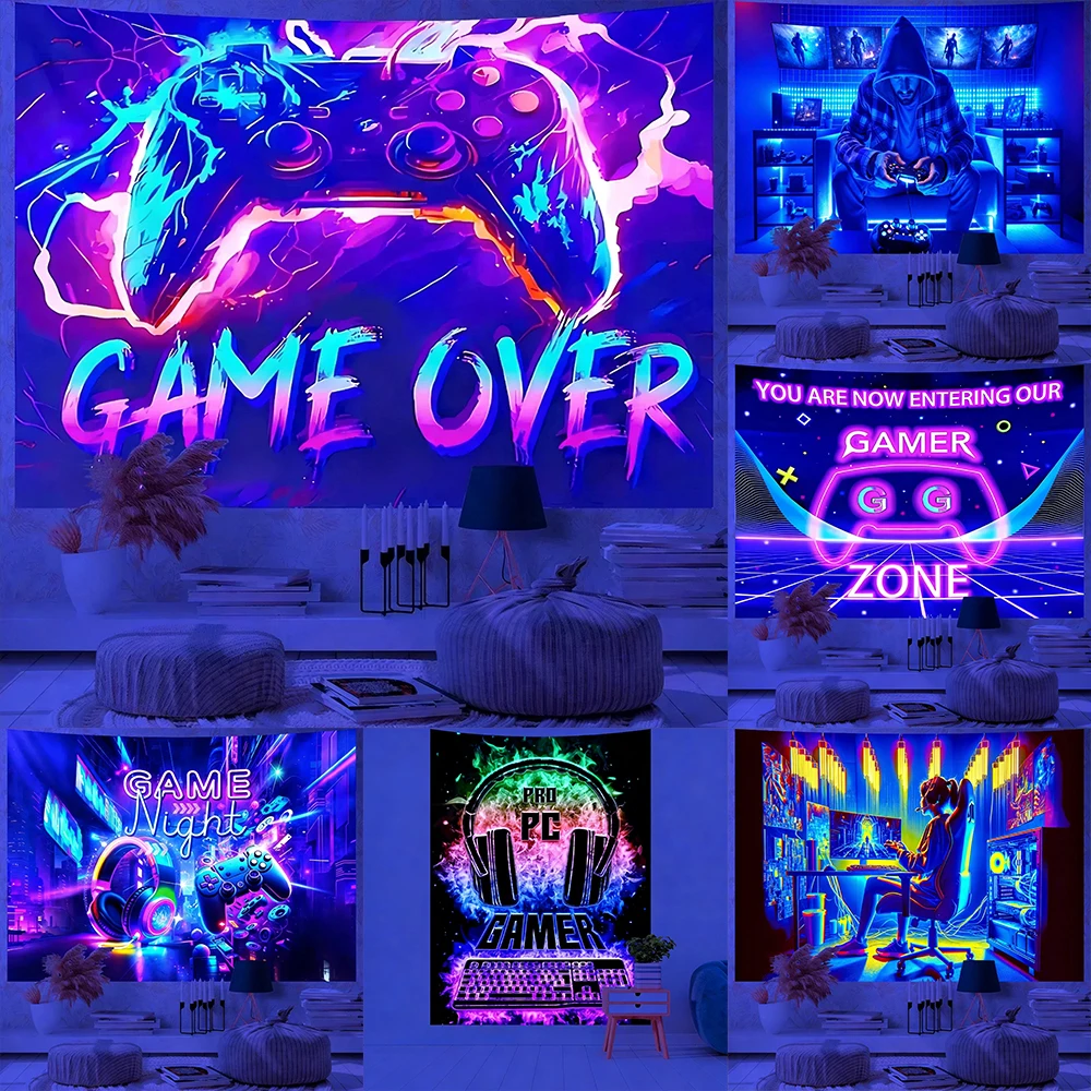 Glowing Gamer Wall Tapestries UV reaction tapestry background decoration wall hanging bedroom party decoration
