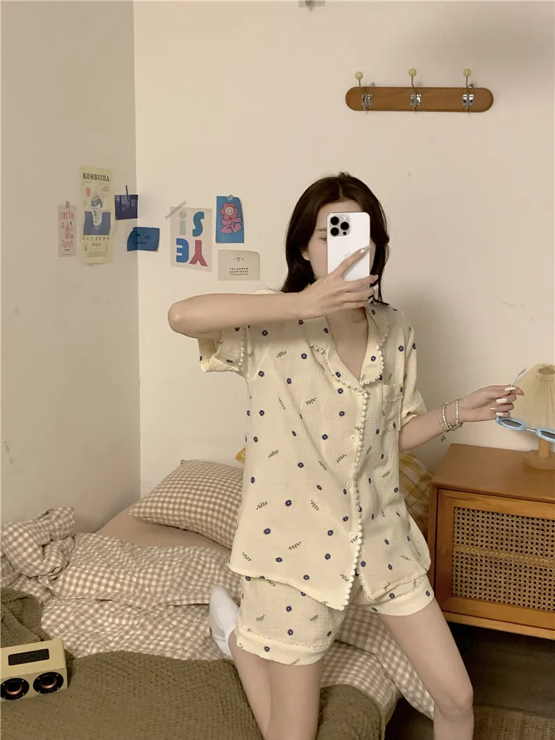 2024 yeni sevimli pijama seti kadın yaz kısa kollu hırka tatlı küçük Polka Dot baskı japon tarzı Loungewear seti