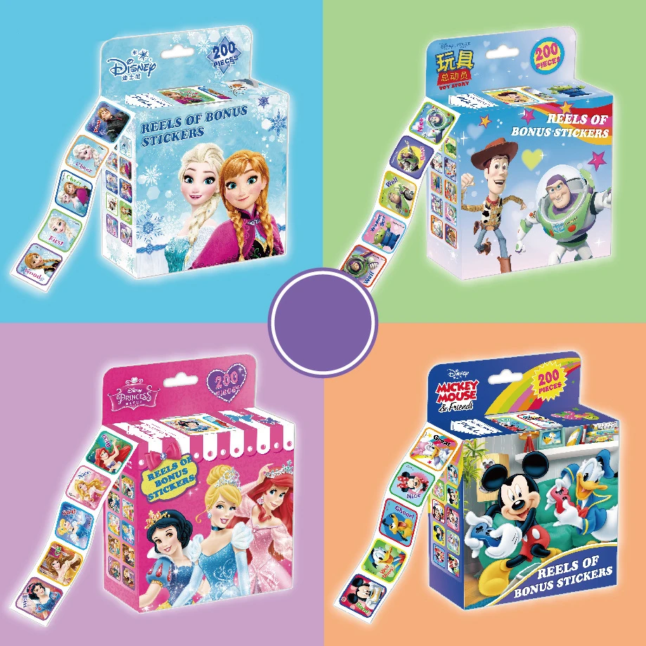 200 Sheets/Box Disney Cartoon Pull Out Stickers Princess Frozen Mickey Mouse Minnie Sticker Girl Boy Teacher Reward Toys Gift