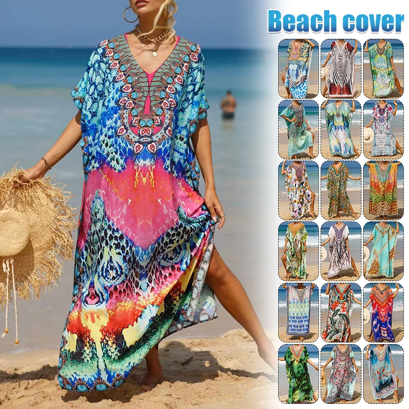 Women Sexy V-Neck Beach Dress Side Split Tunic Sarong Swimwear Kaftan Robe Sundress Color Bikini Cover Up Oversized Maxi Dress