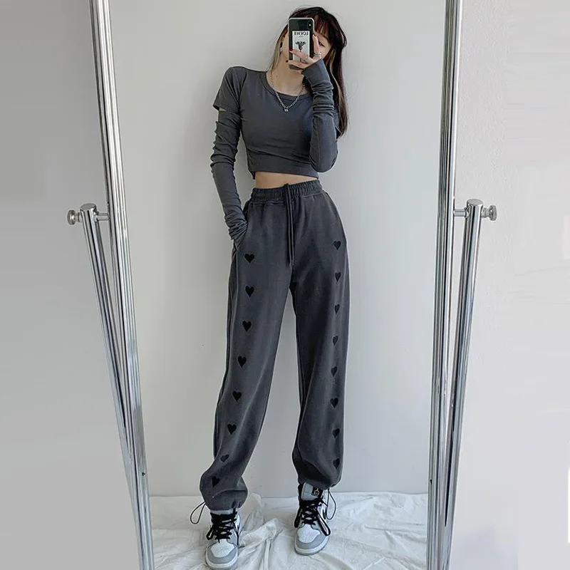 Koreaanse Vrouwen Casual Losse Hartenprint Streetwear Joggingbroek Femme Hoge Taille Harajuku Broek Wijde Pijpen Sport Jogger Harembroek