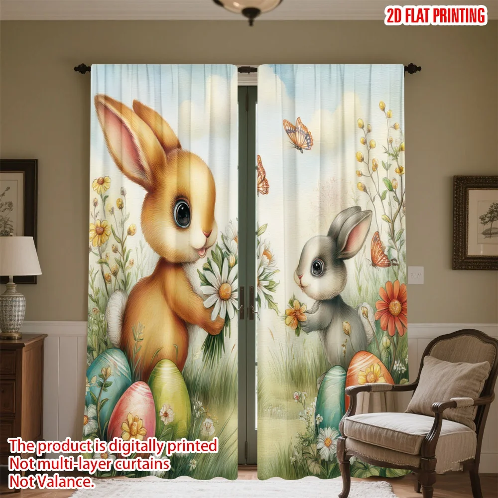 

2D flat printing 2pcs Window Treatment Curtains Easter Bunnies and Eggs(4) Digital Printed Polyester Drapes Family Party
