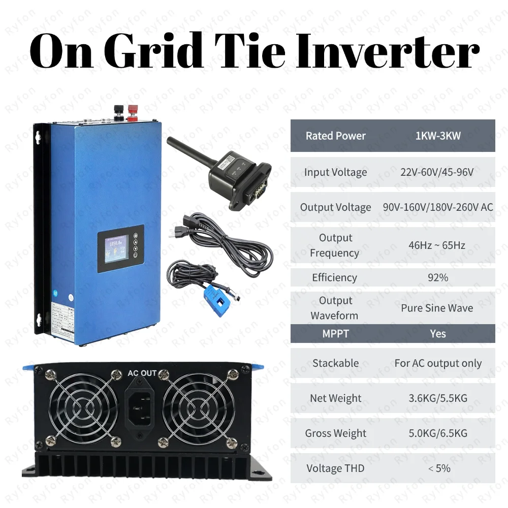 

Inverter 3KW On-Grid Inverter for Home Use Input 22V-60V 45V-96V DC Pure Sine Wave Inverter Output 90V-160V AC 180V-260V AC