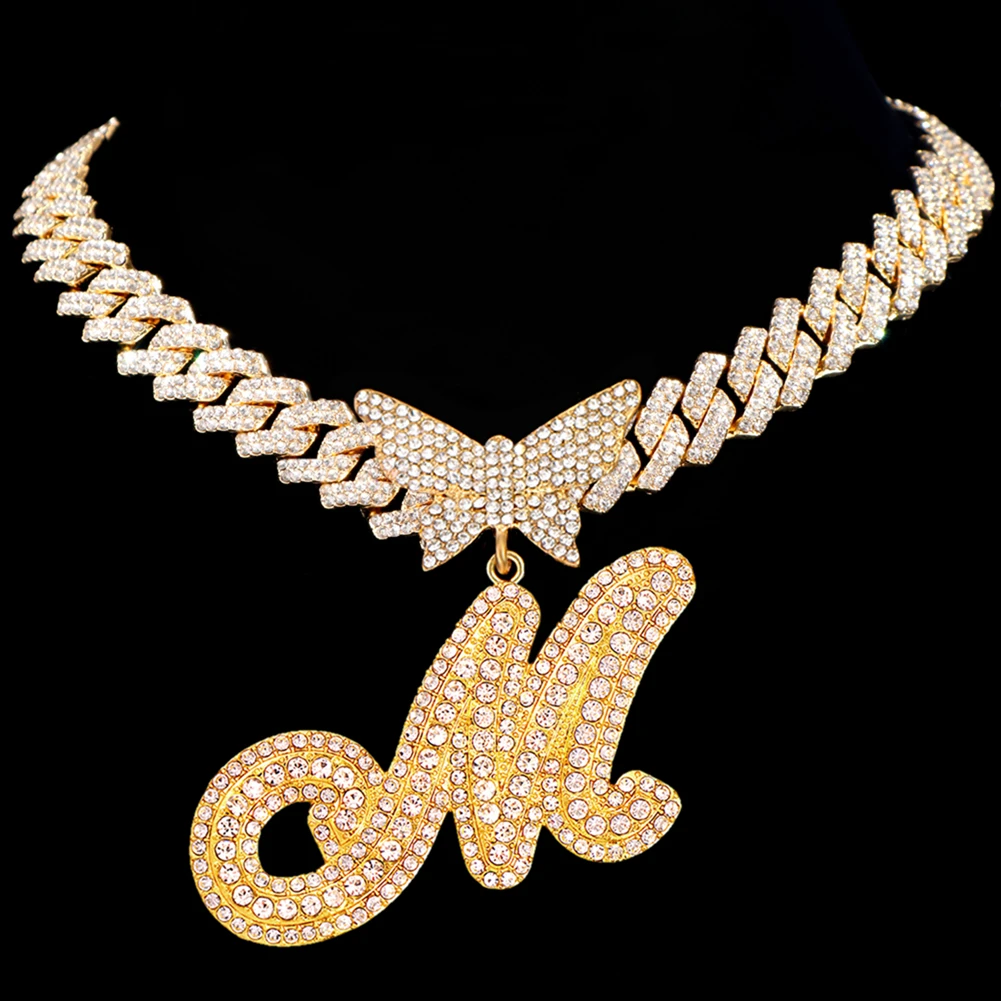 A-Z Initialen-Halskette für Damen, Schmetterling-Anhänger mit Kubanischer Kette, Gold- oder Silberfarbener Strass-Buchstaben-Schmuck – Detail 7