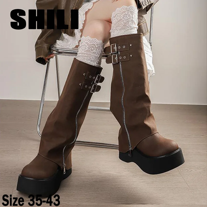Plus Size 43 Thick Soled Boots Western Knight Boots Long Wide Tube Boots For Women In Autumn Winter Knee High Tube Boots bota