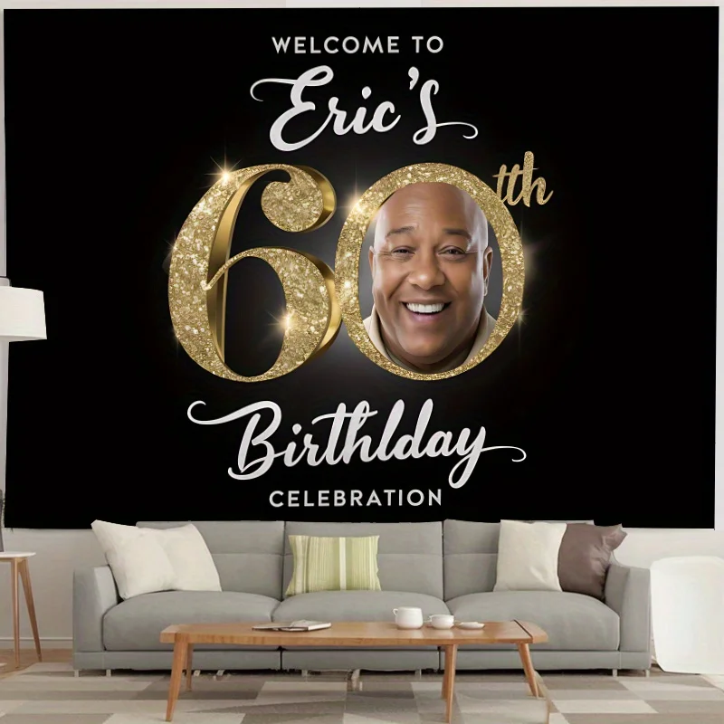 60th Anniversary Tapestry, Glittering Gold Number 60 Design, Milestone Celebration  for Party Photo Backdrop and Home Decor