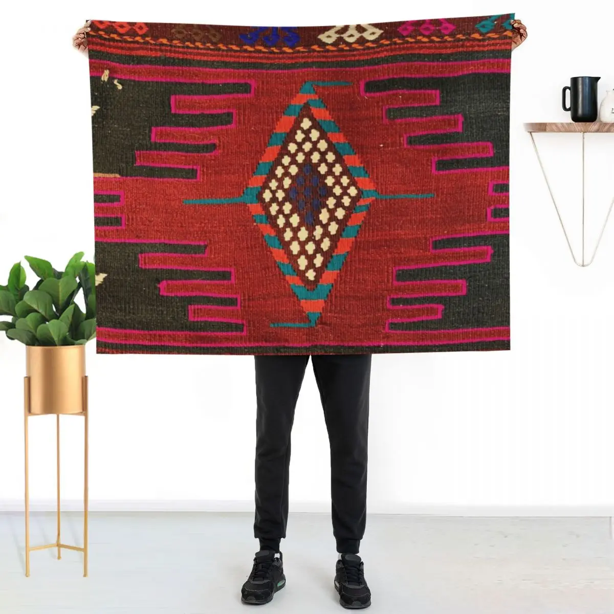

Decorative Kilim, Navaho Weave, Woven Textile Throw Blanket Soft Breathable Blanket for Night Sleeping