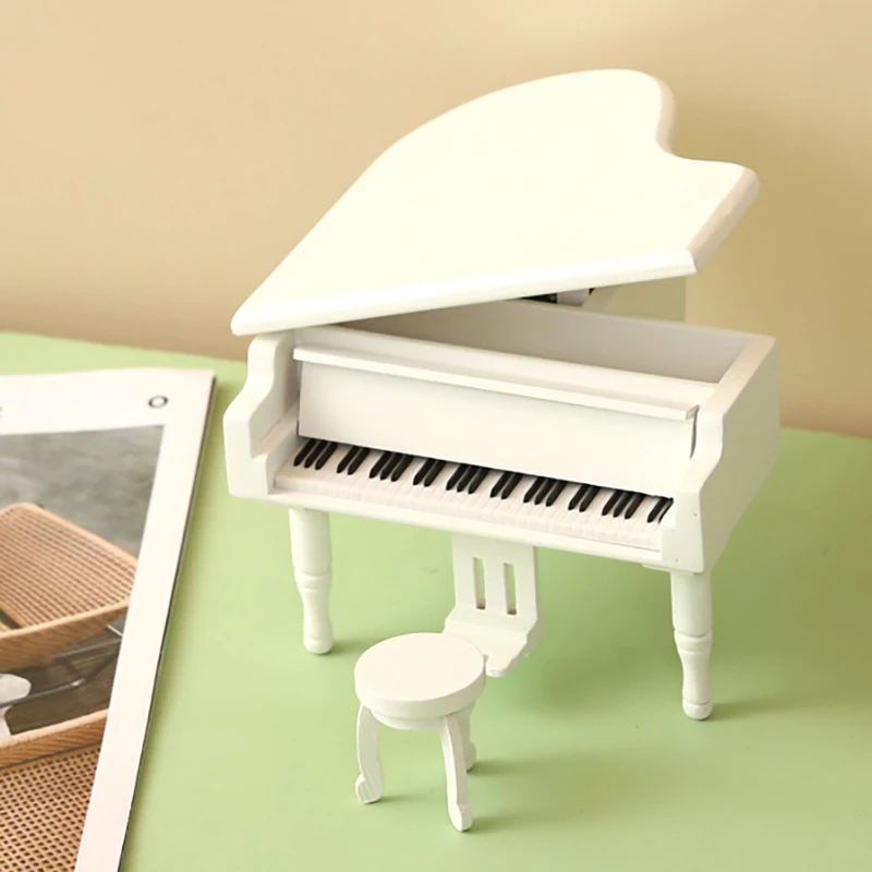 Piano en miniatura con taburete para casa de muñecas, muebles creativos, caja de ocho tonos, modelo de Piano para bricolaje, decoración de escena de la vida, 1/12