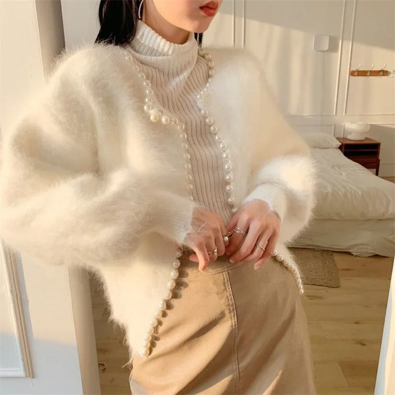 Korobov autunno inverno nuovi maglioni di perle dolci Cardigan a maniche lunghe in maglia coreana O collo Cardigan da donna elegante Vintage