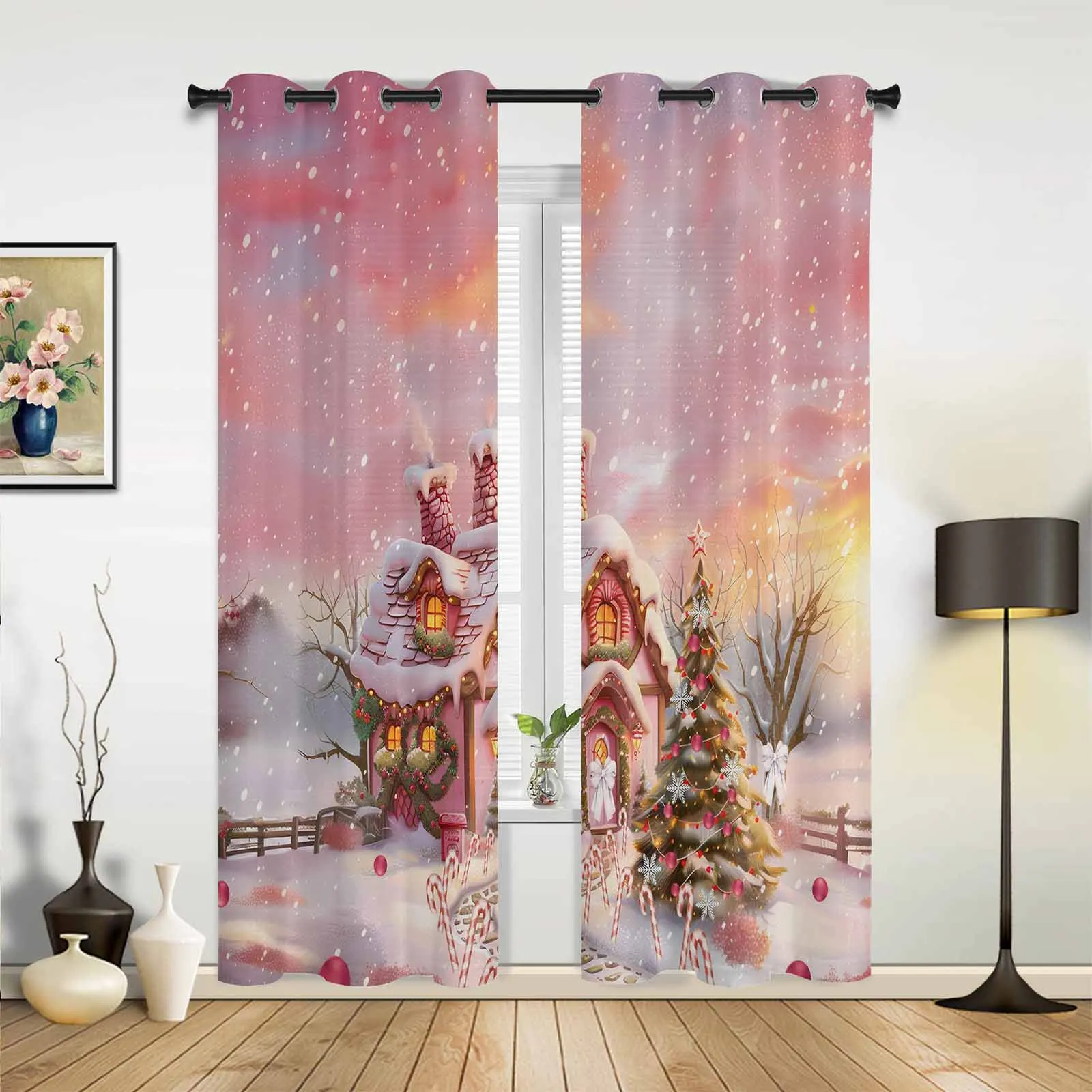 Christmas Candy House Snow View Windows Curtains Living Room Luxury Decor Christmas Curtains Bedroom Kitchen Window Drapes