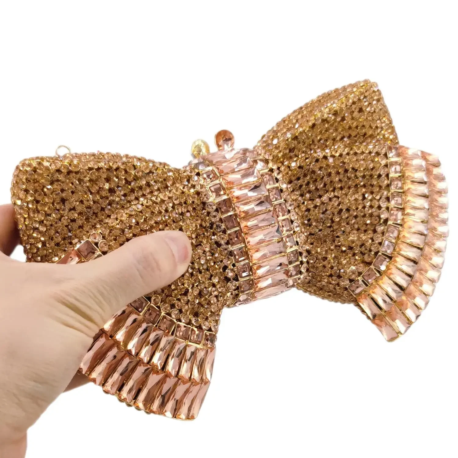 Boutique De FGG Bow Clutch Evening Minaudiere Bag Women Rosegold Crystal Minaudiere Handbags Wedding Bridal Rhinestone Purse