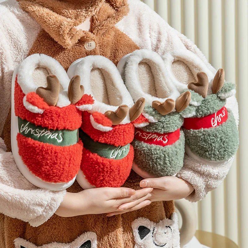 

Men Winter Home Slippers Women Warm Cotton Shoes Floor Plush Flats Bedroom Soft Sole Slides Couples Furry Christmas Slipper