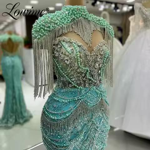 Lowime Luxury Tassel Crystals Evening Dress Beading Celebrity Prom Dresses 2026 Mermaid Arabic Wedding Party Gowns Customized
