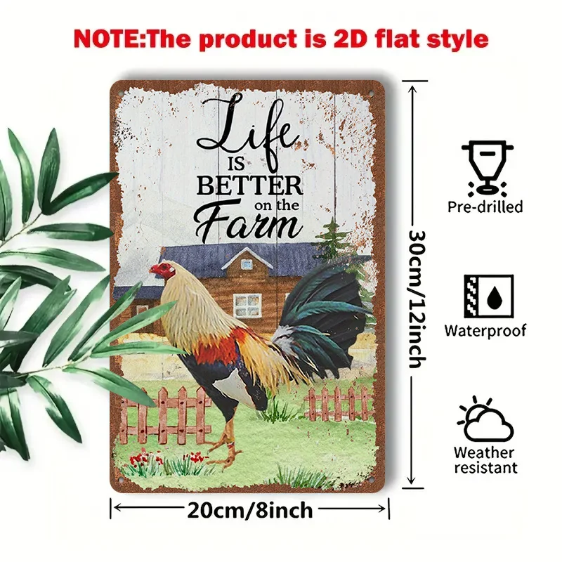 2D Flat - A 1pc 2D [Flat] Metal Sign Titled 'Life Is Better on The Farm' Measuring 8X12 Inches/20X30 Cm Features a Colorful Roos