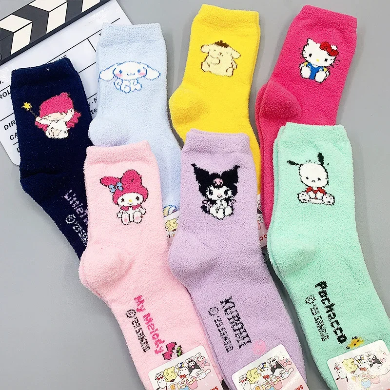 Kawaii Sanrio Coral Plush Socks Cartoon My Melody Kuromi Cinnamonroll Pochacco Girl Thickened Warm Sleep Socks Holiday Gifts