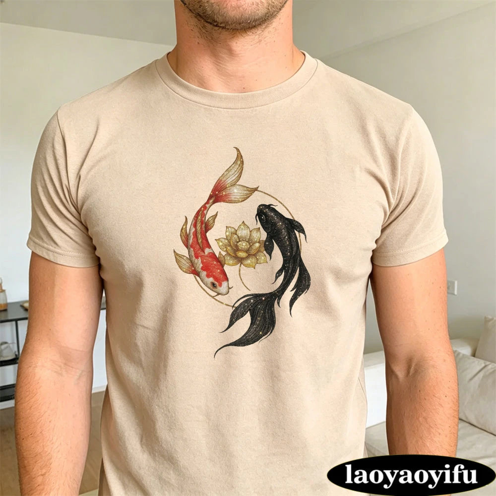 Koi Fish Lotus Design Summer Casual Fashion Men T-Shirt Cotton Short Sleeve Top For Everyday Wear Gift Idea Unisex Style