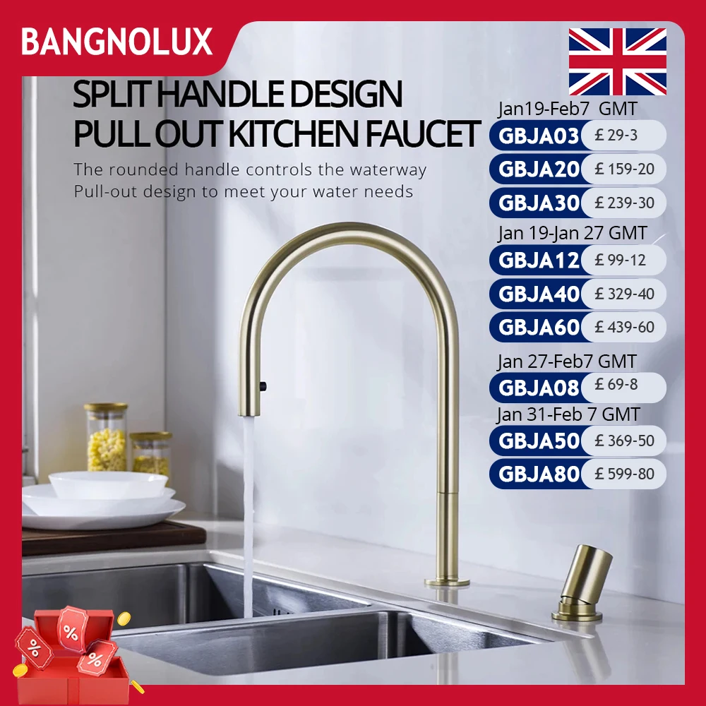 Brushed Gold Kitchen Faucet Invisible Pull Out Spray Mixer Double Hole Single Handle Solid Brass Hot and Cold Separate Sink Tap