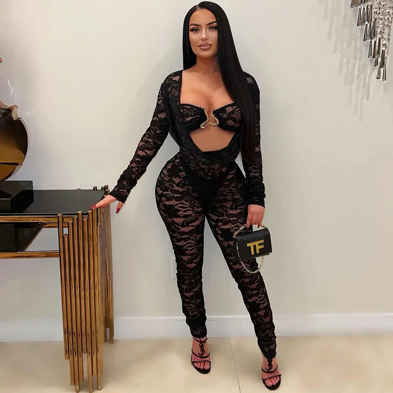 DSMTRC Women Swinging Collar Full Sleeve Black Mesh Sheer Jumpsuit With Strapless Crop Top Street Clubwear Lace Floral Playsuits