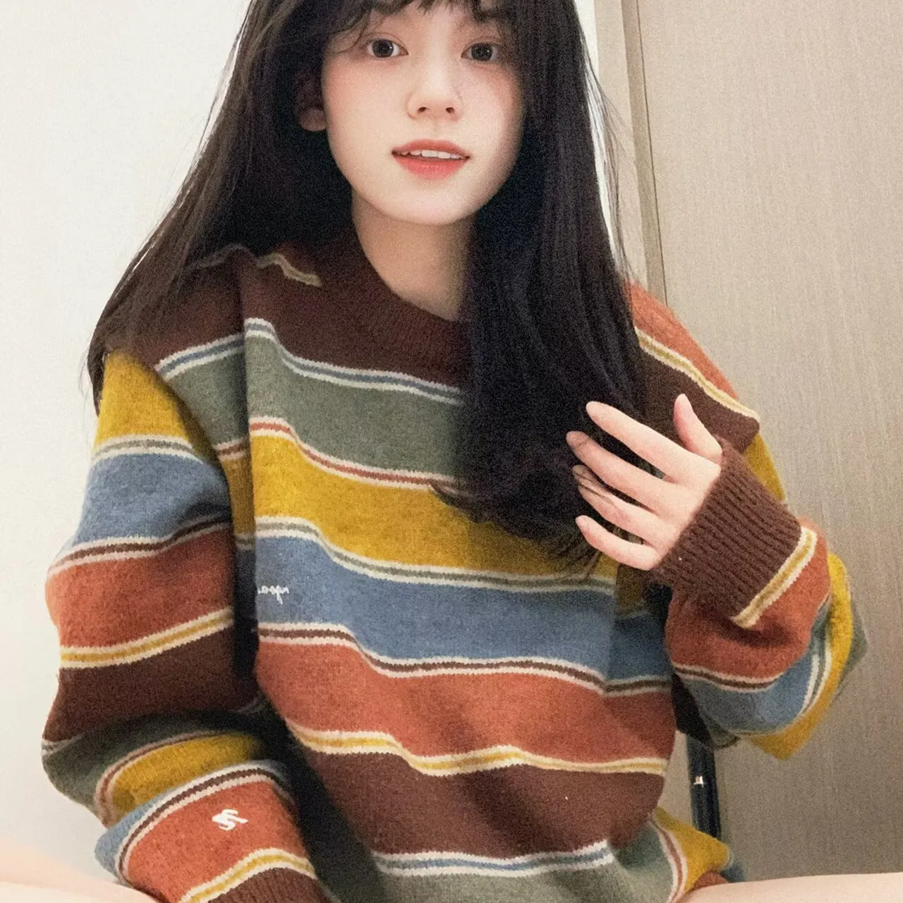 레트로 아메리칸 레이지 스트라이프 컬러 블록 라운드 넥 니트 스웨터 여성용 패셔너블 루즈핏 롱 스웨터