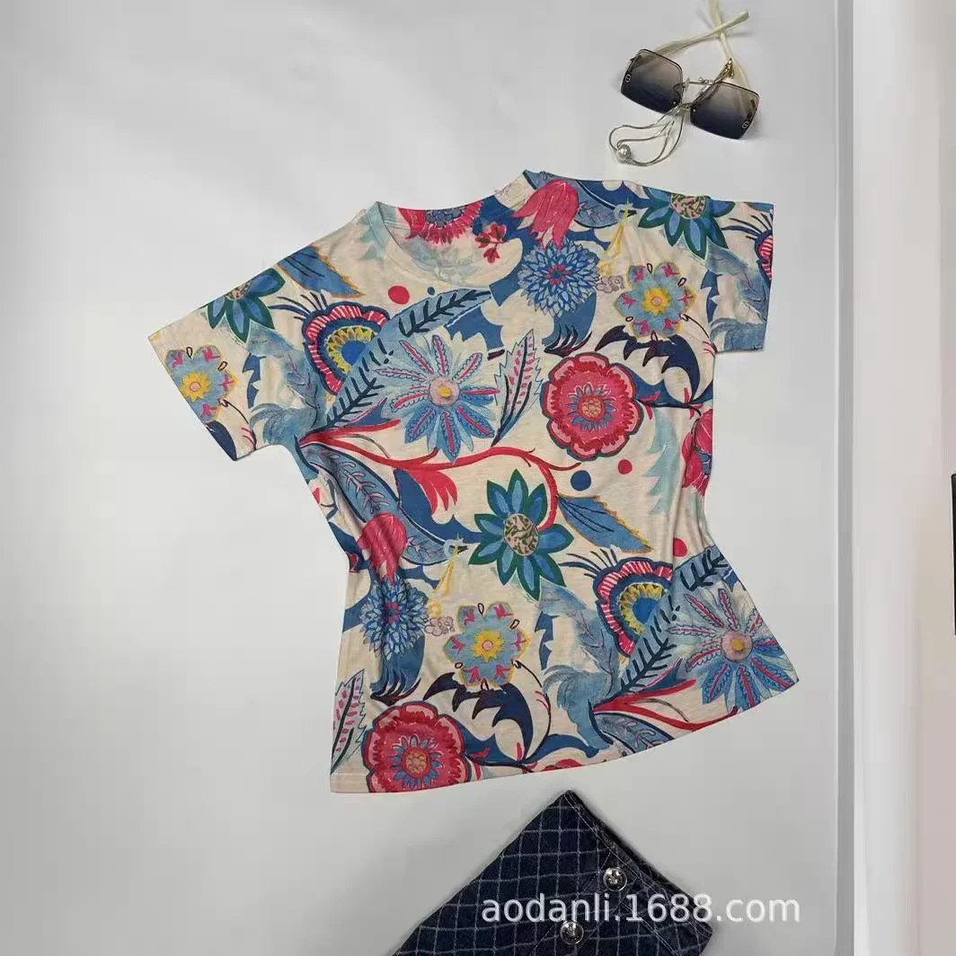 2025 Fashion Printed T Shirts Women Vintage Clothes Classic Style Casual Flower Pattern O Neck Short Sleeve Tops Tee Shirt Femme
