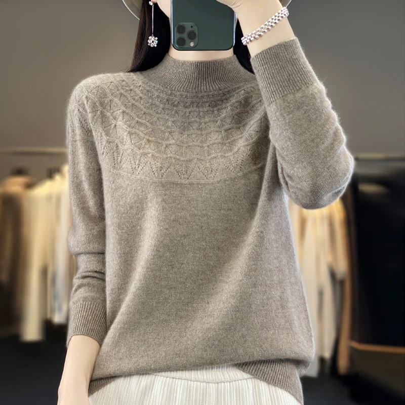 Seamless cashmere sweater women\'s semi-turtleneck pullover 23 autumn and winter knitted bottoming shirt 100% merino wool sweater