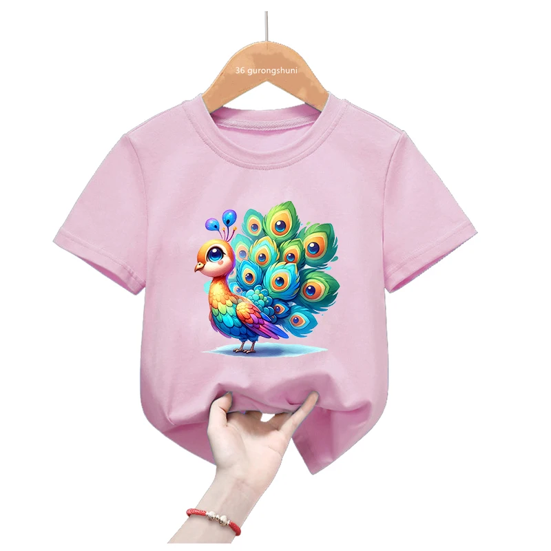 Colorful Adorable Peacock Printed T Shirt Girls/Boys Funny Kawaii Kids Clothes Summer Short Sleeve T-Shirt