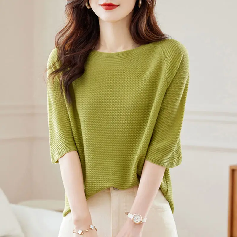 

Summer Solid Color Fashion Three Quarter Knitting T-Shirts Women High Street Elegant Jacquard Weave Chic All-match Pullovers