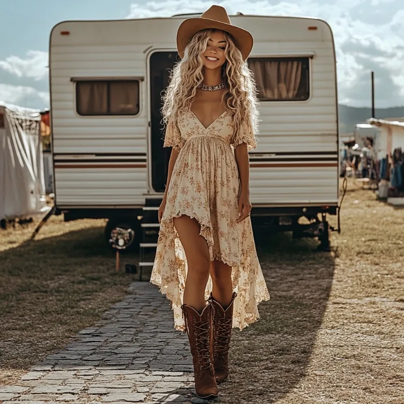 

2025 New Border European and American Women's Fashion Summer Digital Print Irregular Hem Dress Long Dresses for Women