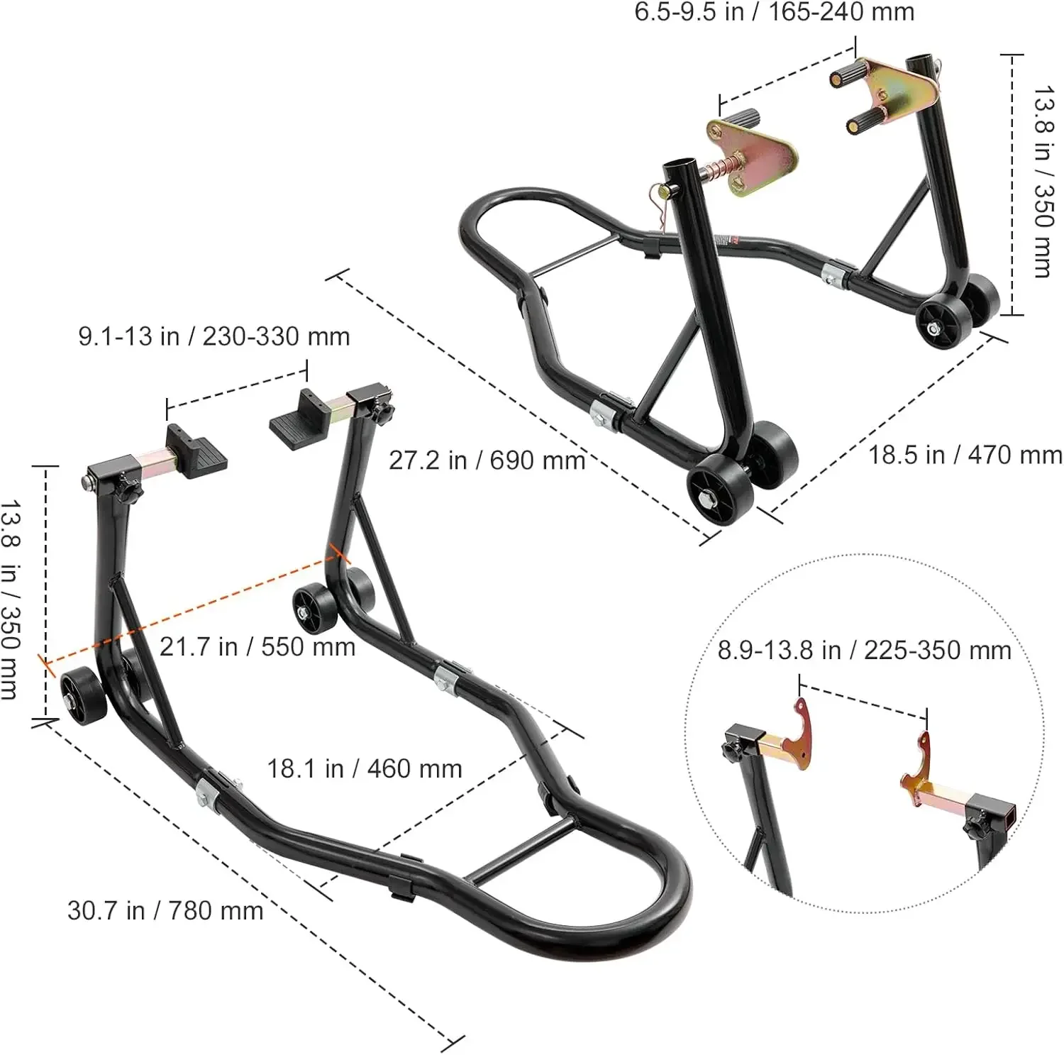 Elevador de soporte para motocicleta, soporte de elevación combinado delantero y trasero de 850 libras, soporte de horquilla de rueda delantera, soporte de carrete basculante de horquilla trasera U + L