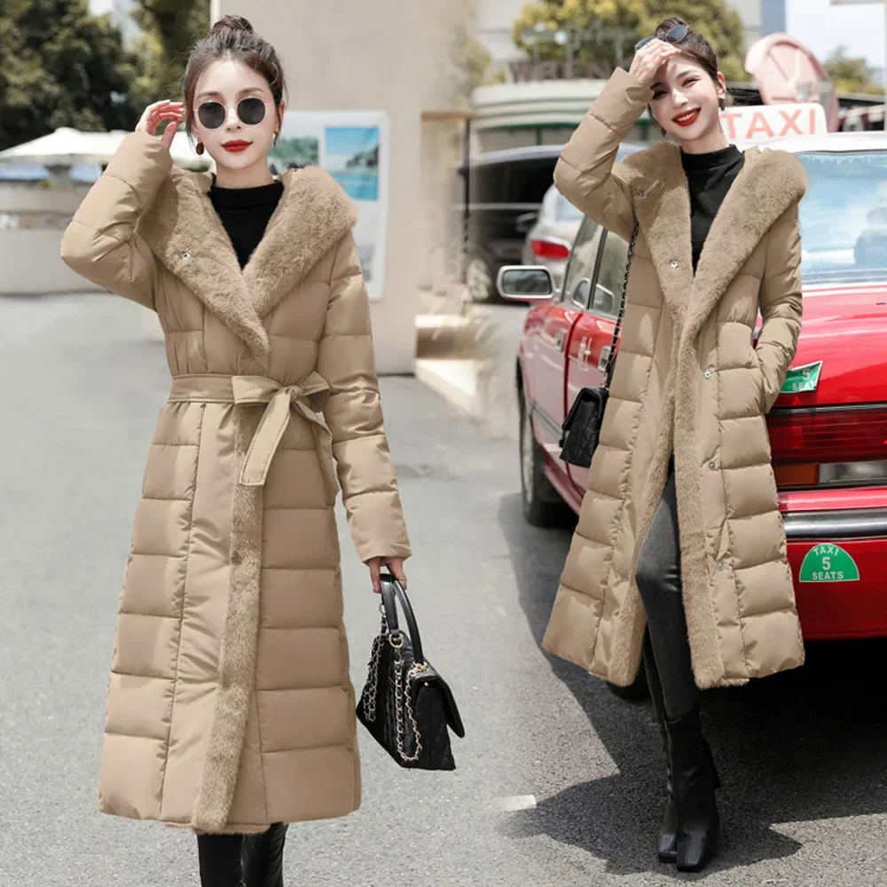 

2023 Winter Long Cotton Padding Jacket Women Korean New Knee Length Down Cotton Coat Female Fur Splice Thicken Warm Hooded Parka