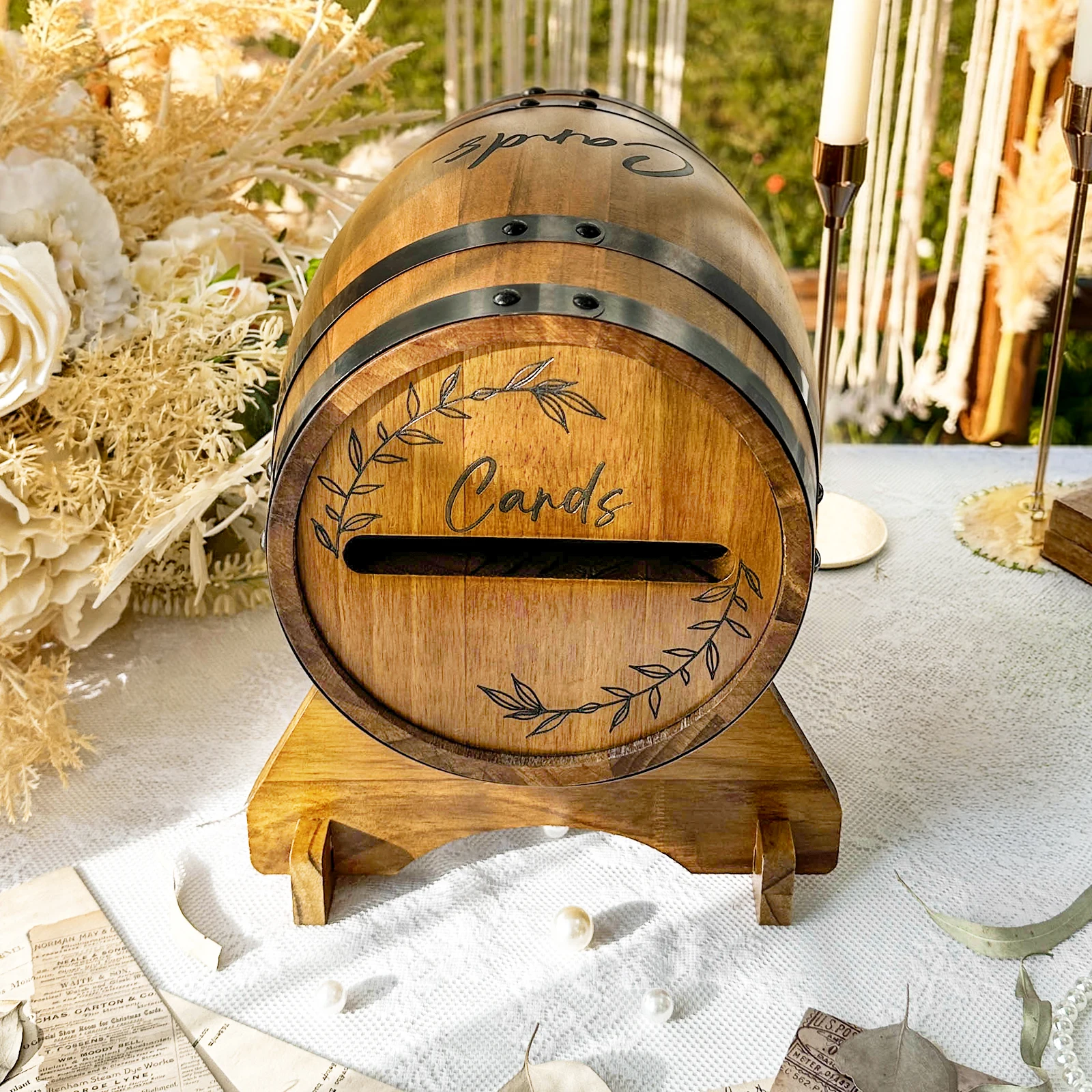 

OurWarm wedding wooden card box, barrel-shaped design, suitable for wedding parties, graduation ceremonies, and trade shows.