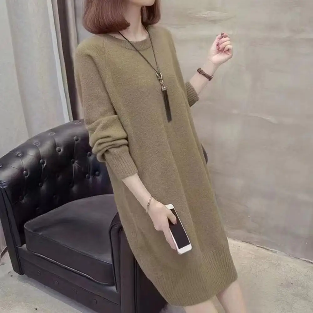 Women Sweater Dress Round Neck Knitted Loose Long Sleeve Elastic Thick Warm Pullover Mid-calf Length Lady Fall Midi Dress