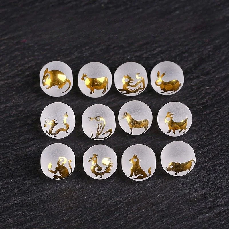 White Crystal Frosted Gold-Plated Zodiac Round Beads Loose Beads