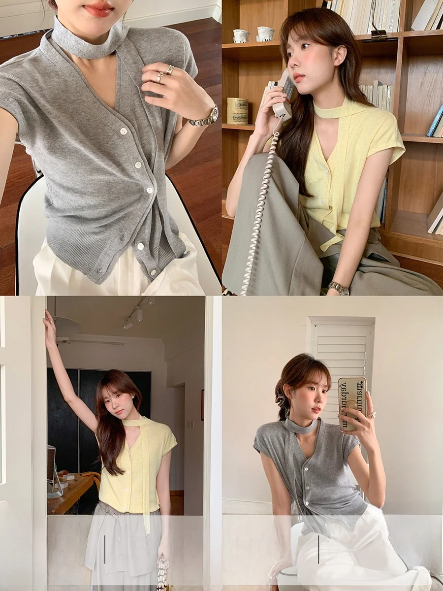 

Женский топ Linyunyun с V-образным вырезом и коротким рукавом, облегающий, для ранней весны, в корейском стиле, для повседневной носки