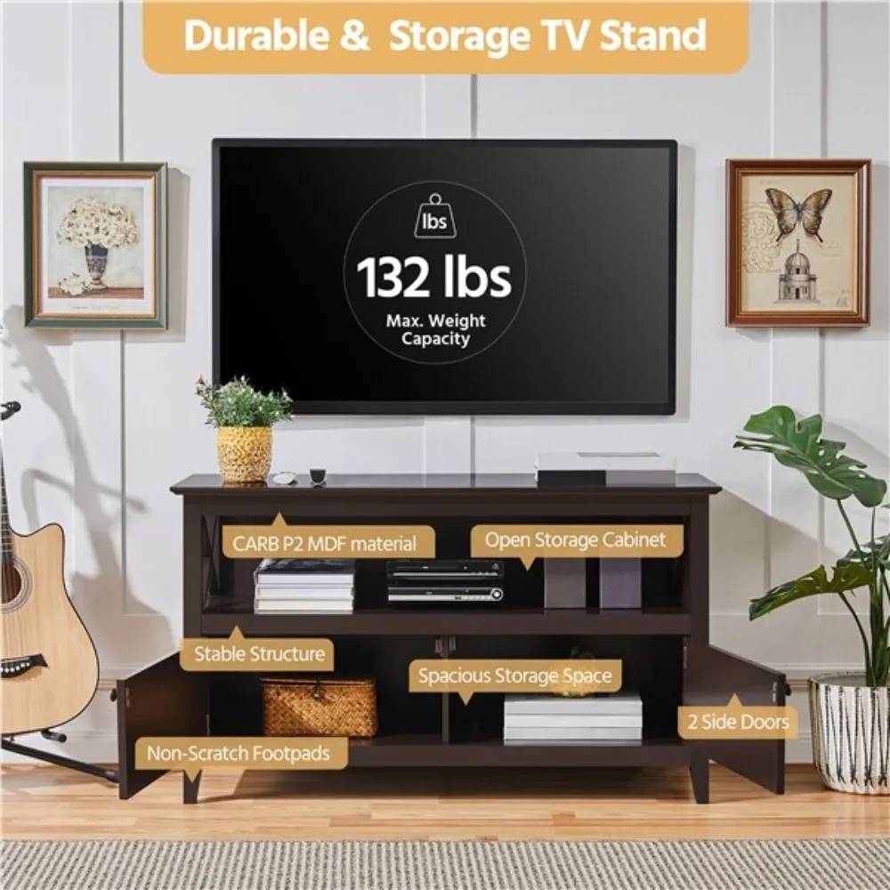 Mueble de TV moderno de madera de 41,7 pulgadas, unidad de almacenamiento, estantes para sala de estar, puertas, color marrón