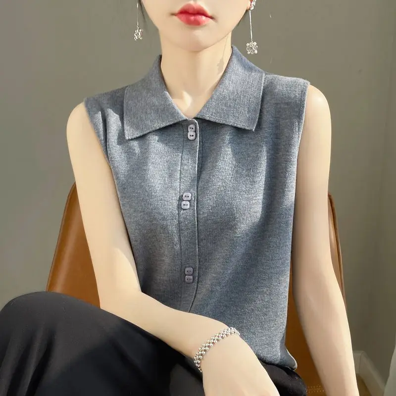 2024 Summer New Simplicity Turn-down Collar Button Solid Color Versatile Elegant Loose Commuter Women's Sleeveless Shirt Tops