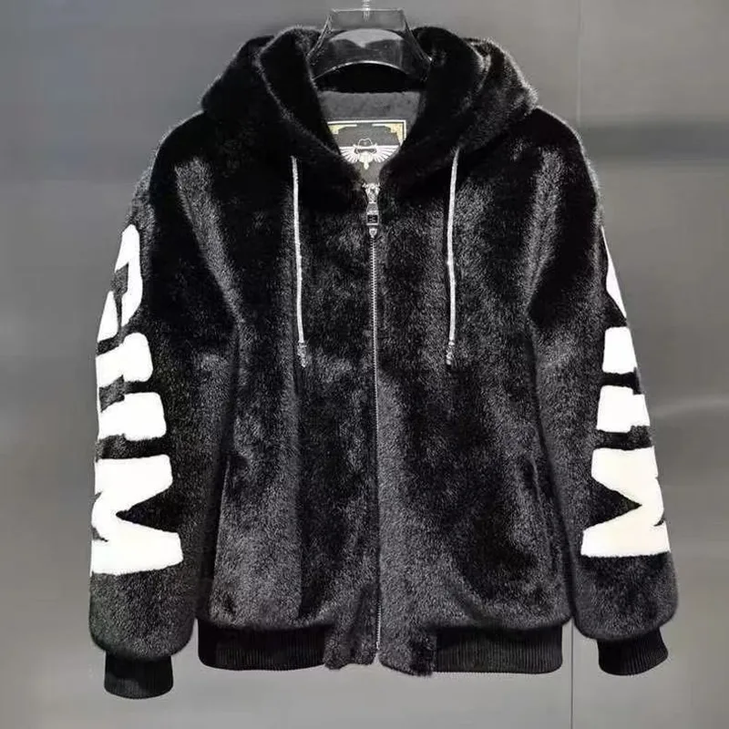 

Winter New Fashion Trend Printed and Plush Thick Warm Hooded Jacket For Men's Casual Loose Sports Windproof Oversized Jacket
