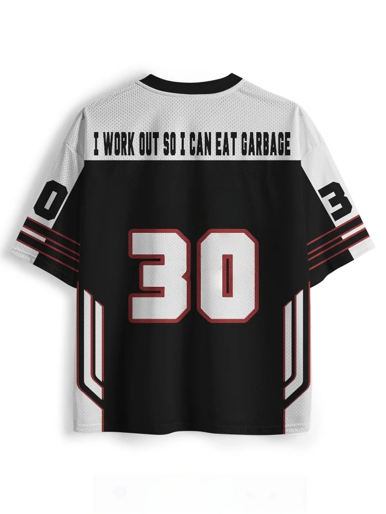 Unisex Y2K Raccoon Dumbbell Fitness Graphic Mesh Jersey V‑Neck Short Sleeve Breathable Loose Streetwear Personality Sports Tops