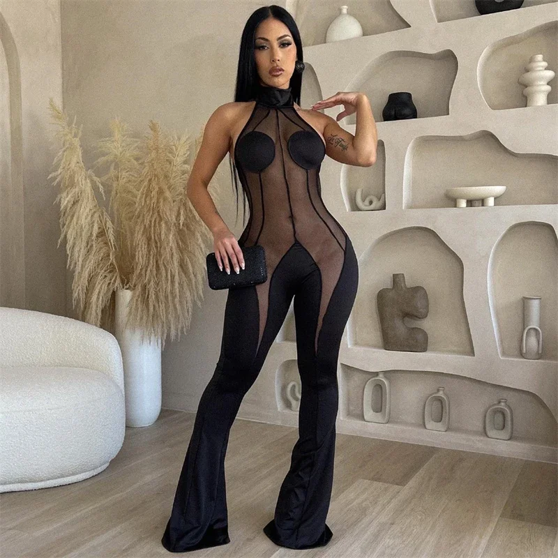 

Sheer Mesh Patchwork Flare Jumpsuit Women Sexy Halter Lace Up Backless Boot Cut Pants Club Party Overalls Female Rompers