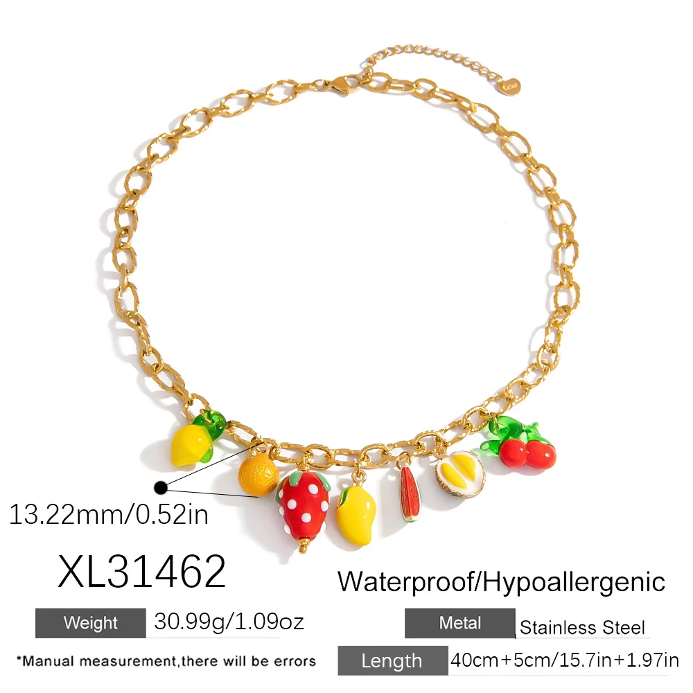 Summer Colorful Oil Drop Grape Watermelon Fruit Glass Pendant Necklace Women  Stainless Steel Waterproof Jewelry Gifts For Her