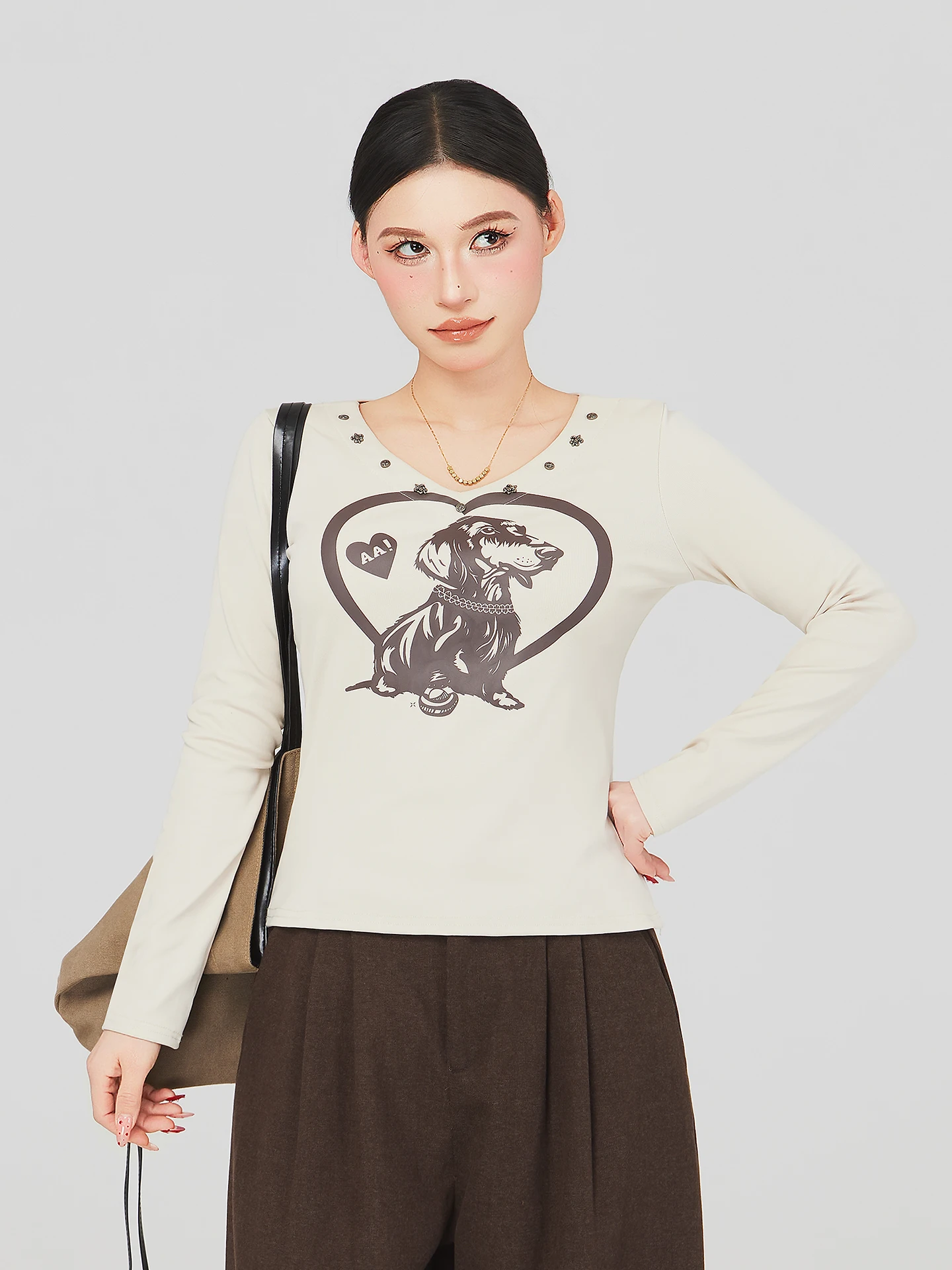 

Long Sve T-irt Retro Sle High Waist V-Ne Women's plus Size American Design Slimming Effect Casual Print Top