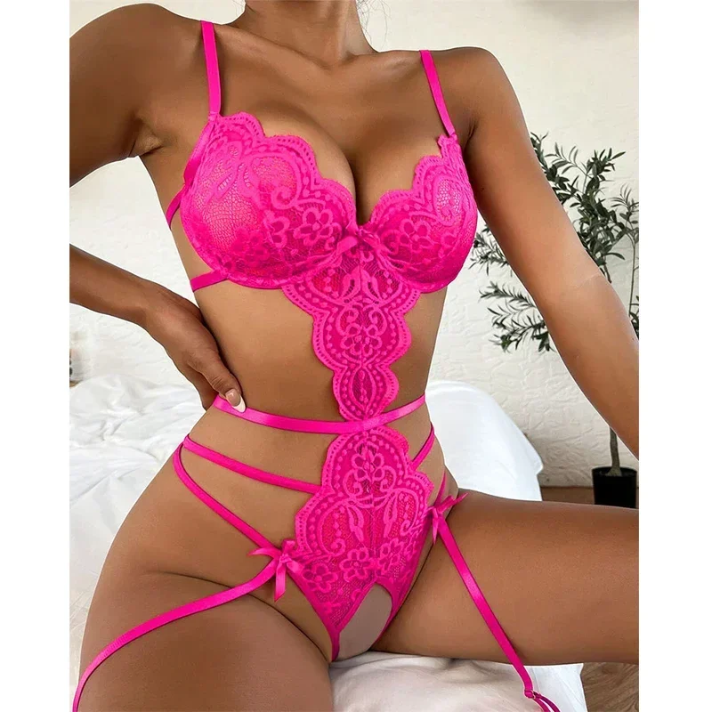 xgnvpy Lingerie Set Sexy Costume Crotchless Bodysuit Women's Lace Underwear Patchwork String Sheer Bra Panty Set