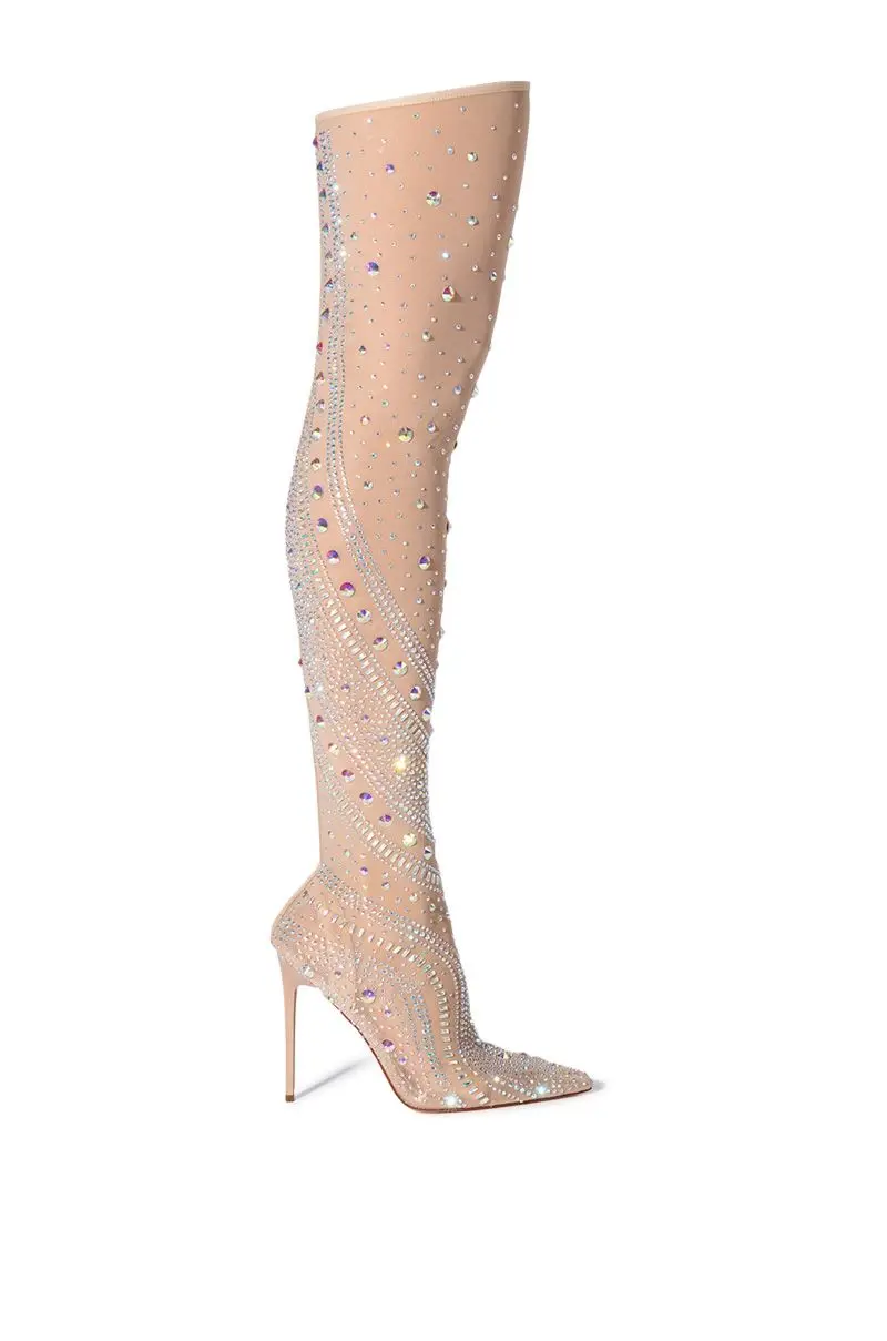 2023 Nude Lady Over The Knee Boots Rhinestone Crystal Bling Thight Boots High Heel Shoes Women Sock Elastic Party Shoes 44