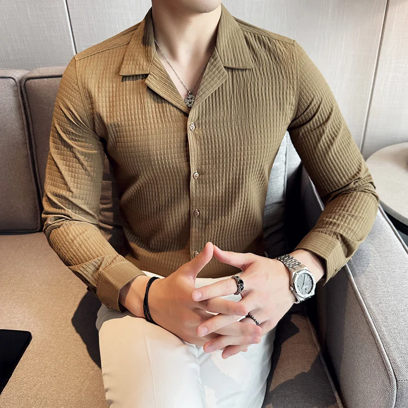 

New Style Men Spring High Quality Long Sleeve Shirts/Male Slim Fit V-neck Dress Shirt Luxury Casual Shirt Plus Size 4XL-M