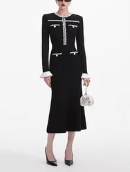 Woman clothing y2k fall and winter pearl knit fishtail dress woven V-neck Dresses2024 waist thin new long dresses Party dresses