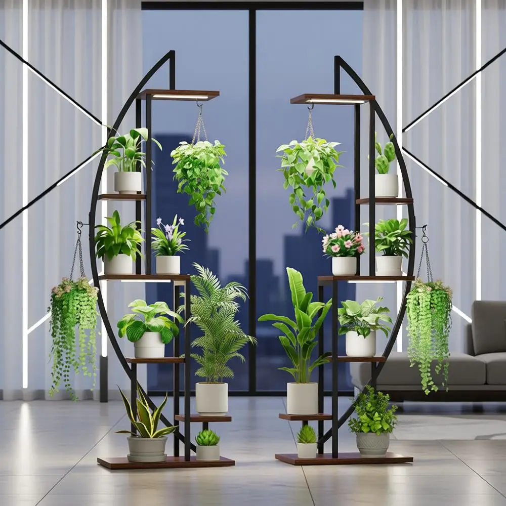 

6-Tier Indoor Metal Plant Stand with Grow Lights, Tall Half-Moon Display Rack for Living Room and Patio Plants